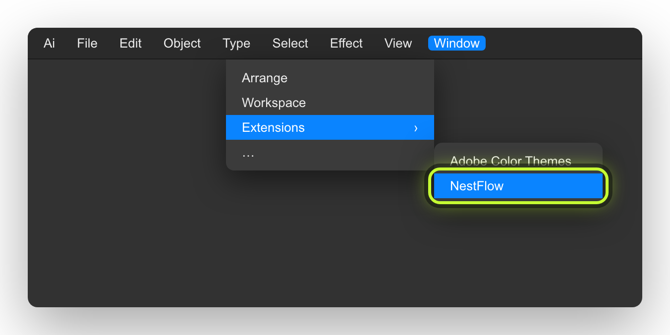 Illustrator Window menu, Extensions, NestFlow.