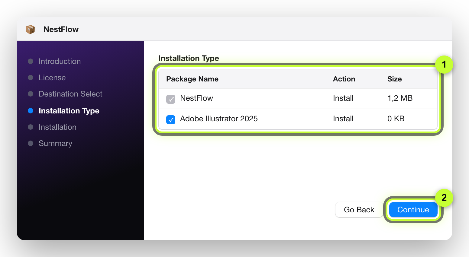 macOS installer, Installation Type, Adobe Illustrator 2025 ticked.
