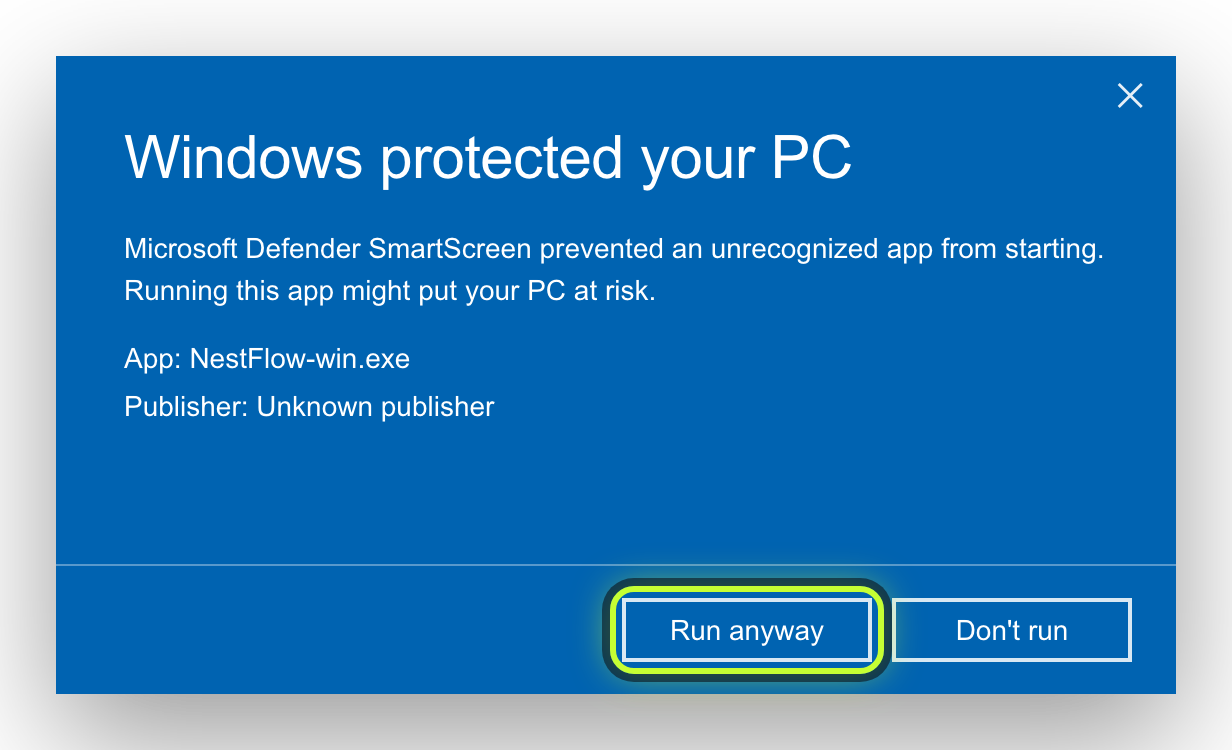 Windows blue notice with Run anyway highlighted.