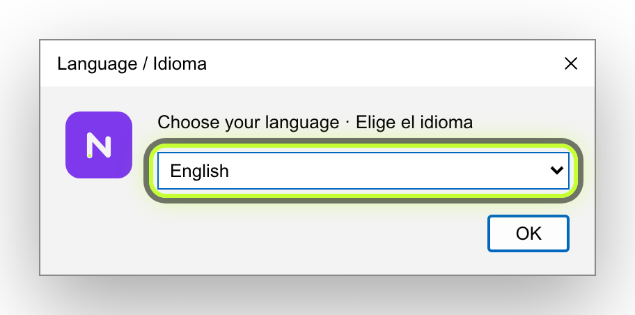 Language / Idioma window with English selected.
