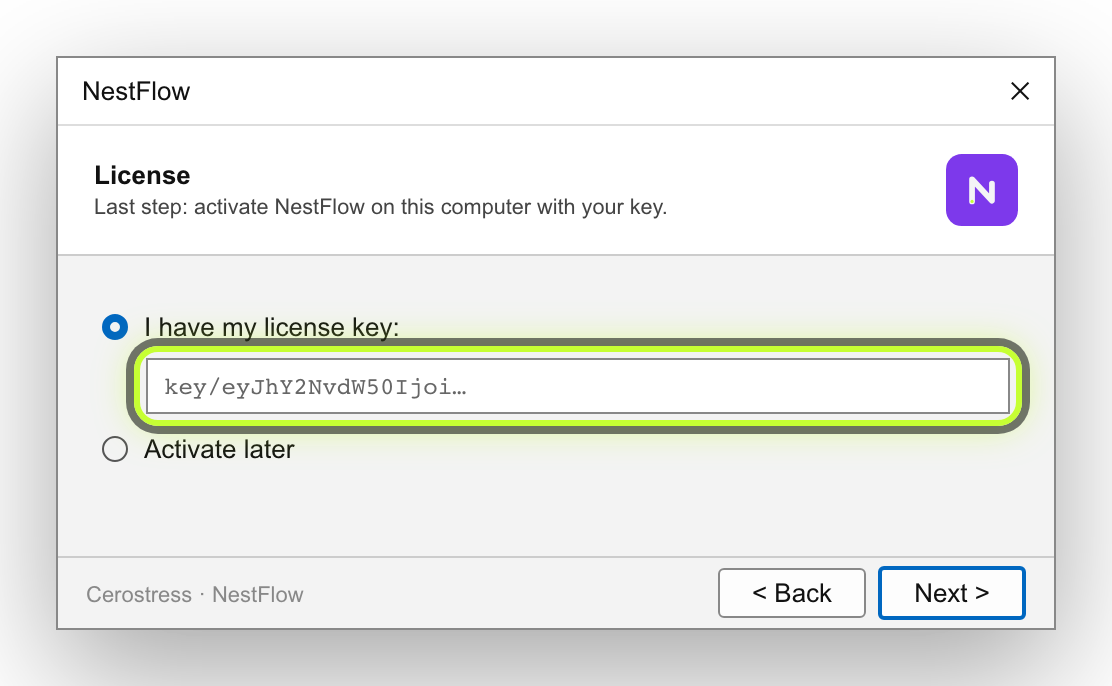 Windows installer License page with the key field highlighted.