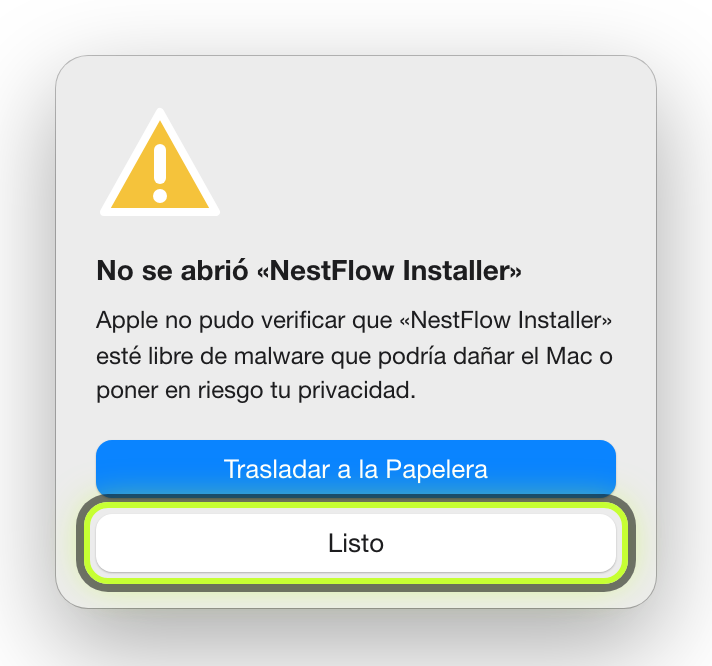 Aviso de macOS: No se abrió «NestFlow Installer». Botón Listo marcado.