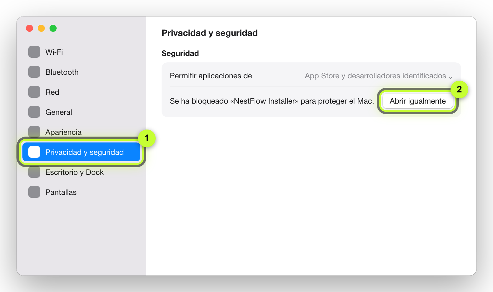 Ajustes del Sistema, Privacidad y seguridad, botón Abrir igualmente marcado.