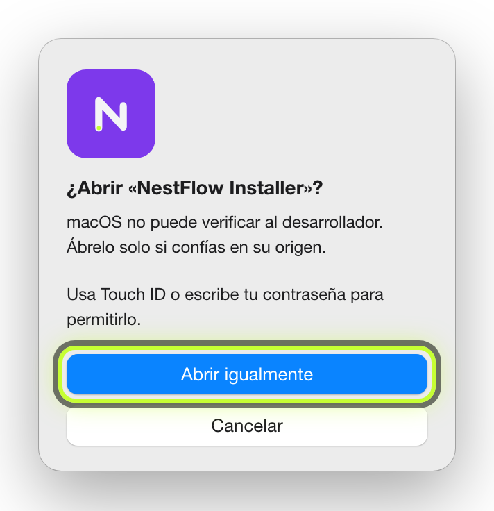 Confirmación: ¿Abrir «NestFlow Installer»? Botón Abrir igualmente marcado.