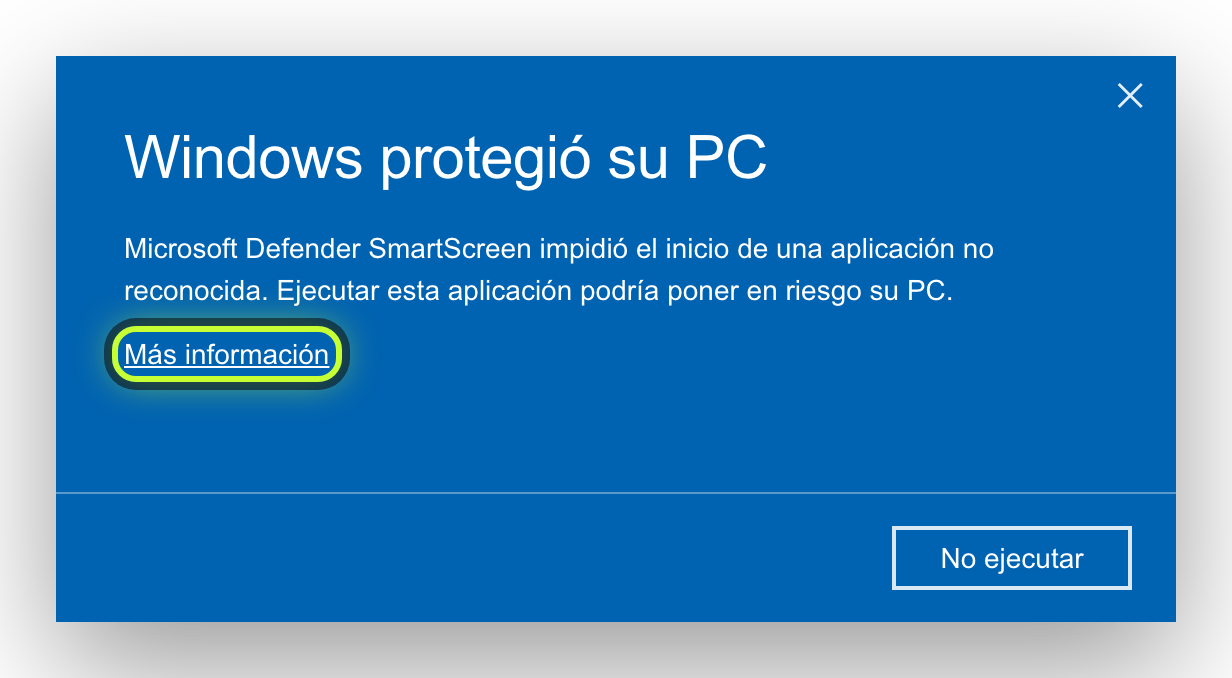 Aviso azul de Windows: Windows protegió su PC. Enlace Más información marcado.