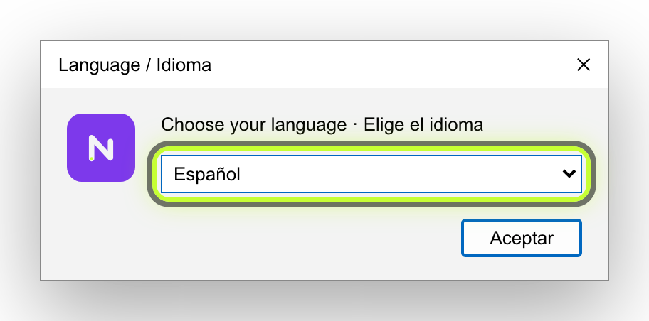 Ventana Language / Idioma con Español elegido.