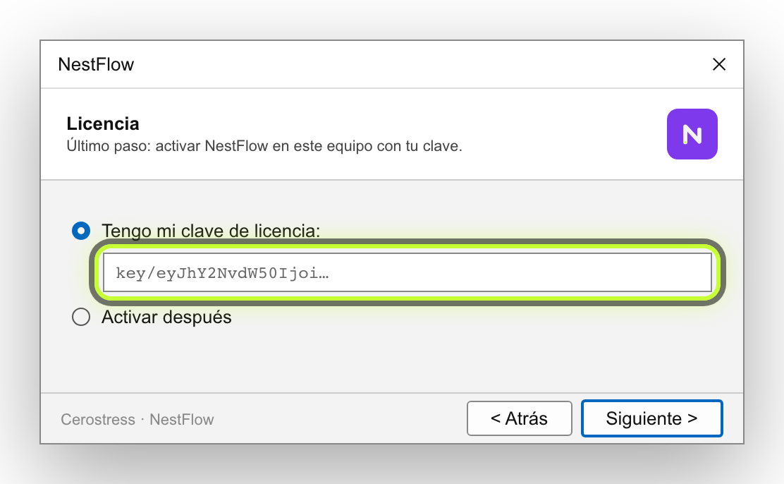 Página Licencia del instalador de Windows con el campo de la clave marcado.